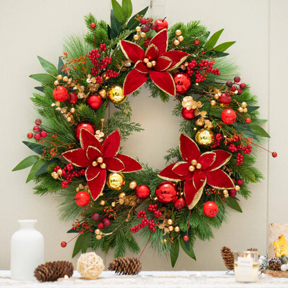 Christmas Wreaths for Front Door- 24 Inch Outdoor Prelit Christmas Door Wreath with Lights, Lighted Xmas Wreath with Poinsettia Flowers,Red Berries,Golden Ball- Home Christmas Decorations