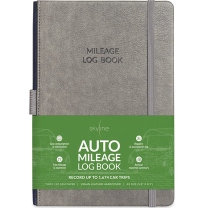 Skyline Auto Mileage Log Book – Vehicle Logbook with Expense Tracker – Driving Logger Book for Tracking Car Mileage, Expenses, Gas Consumption & Lubrication – Hardcover, A5 Size, 5.8x8.3″ (Gray)