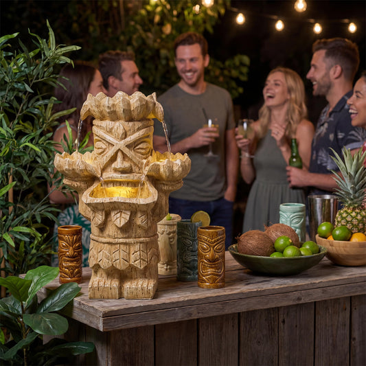 Dalxo 20-Inch Outdoor Water Fountain, 3-Tier Polynesian Tiki Head Resin Waterfall Fountain with 4 Warm LED Lights, Home Art Decor for Garden, Patio, Yard, Deck, Porch, Deck or Lawn in Natural Wood