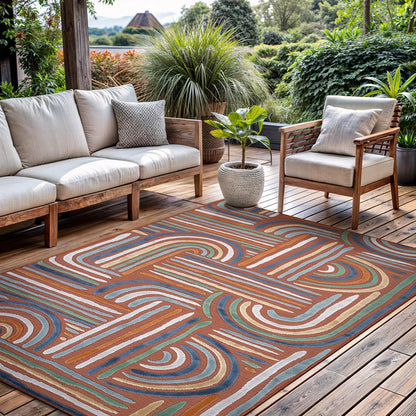 CAMILSON Indoor Outdoor Rug, Orange 6x9 Geometric Arch Striped Area Rugs for Patio and Home Areas, Easy-Cleaning Non-Shedding Living Room, Garden and Deck Washable Outside Carpet (6 x 9)
