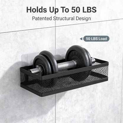 PUSDON Mesh Shower Caddy Wall Mount, Heavy Duty Adhesive Bathroom Shelf Organizer, Rustproof Floating Spice Rack for Kitchen Pantry, Holds 50 LBS, Multi-Purpose Storage Black-2 Packs (Netting)