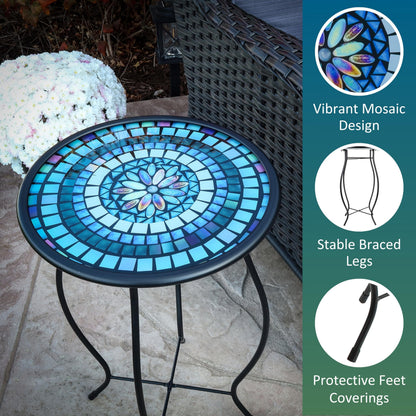MooneLit Creations Blue Mosaic Glass Accent Side Table & Plant Stand – Great Gift, Perfect for Indoor/Outdoor Use, Decorative Metal Pedestal for Patio, Garden & Home Décor