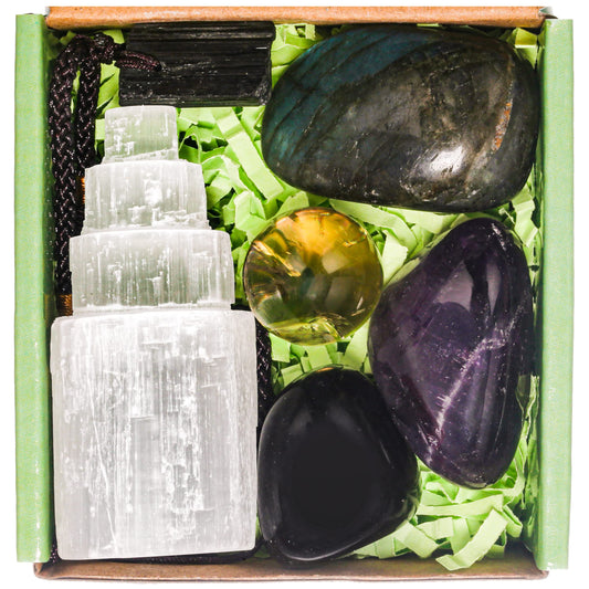 QianCannaor Protection Crystals and Healing Stones, Black Tourmaline Necklace, Selenite Tower,Smokey Quartz Sphere,Black Obsidian Healing Crystals Set for Meditation Accessories,Witchcraft Supplies