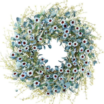 Sggvecsy Blue Daisy Wreath 24 Inch Spring Summer Fake Silk Floral Wreath with Green Eucalyptus Leaves and Lavender for Front Door Window Wall Wedding Farmhouse Festival Decor