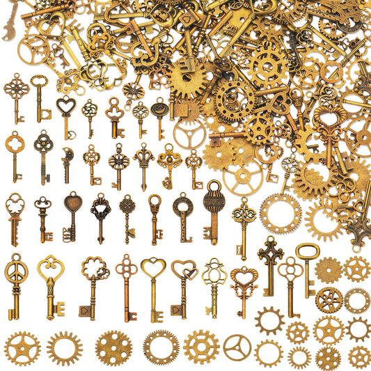 Hicarer 300 Gram Halloween Antique Bronze Gears Charms DIY Mixed Vintage Assorted Steampunk Gears Metal Charms Pendant Clock Watch Cog Wheel for Crafting, Jewelry Making Accessory(Key Style)