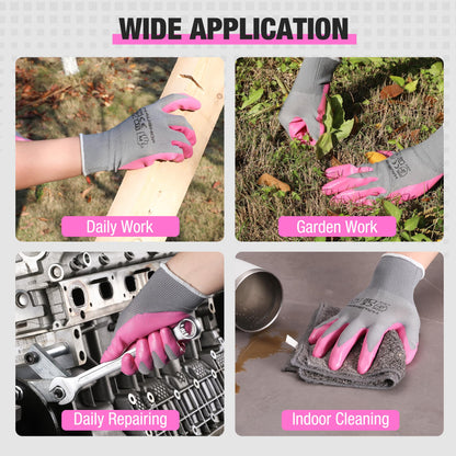 HAUSHOF Gardening Gloves for Women Ladies Thorn Proof 6-Pairs Work Gloves, Women's Breathable Garden Gloves Nitrile Coated with Texture for Yard Work, Pink & Green Large Size