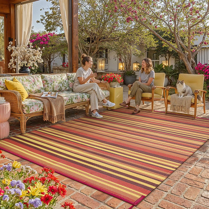 WondRg Outdoor Plastic Straw Rug Waterproof Patio 8x10 Red Orange Stripe Mat for Porch Camping RV Balcony Deck Courtyard Reversible Lightweight Durable Portable Carpet