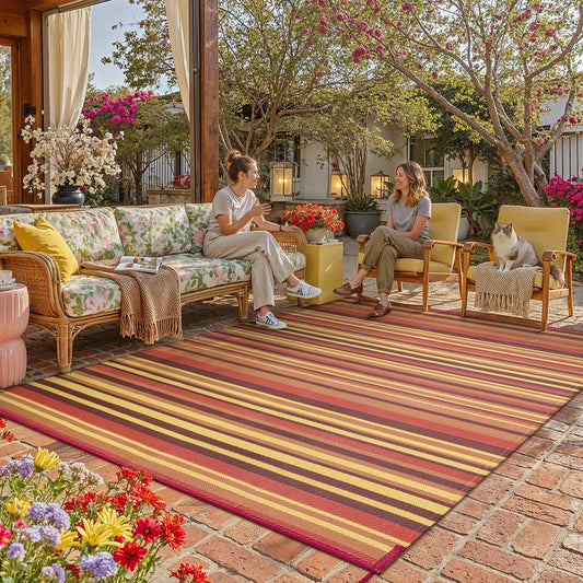 WondRg Outdoor Plastic Straw Rug Waterproof Patio 8x10 Red Orange Stripe Mat for Porch Camping RV Balcony Deck Courtyard Reversible Lightweight Durable Portable Carpet