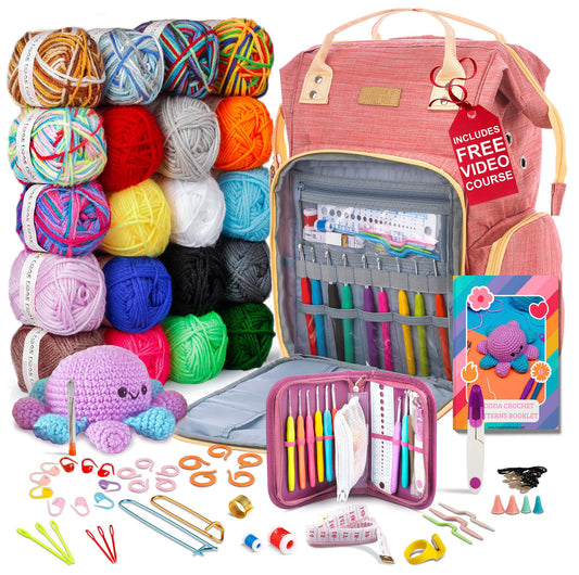 MODDA Crochet Kit for Beginners Adults and Kids - with Backpack and Video Course, Amigurumi and Crocheting Kit, Beginner Crochet Kit with Crochet Bag Backpack, Yarn, Hooks, Book, Crochet Starter Kit