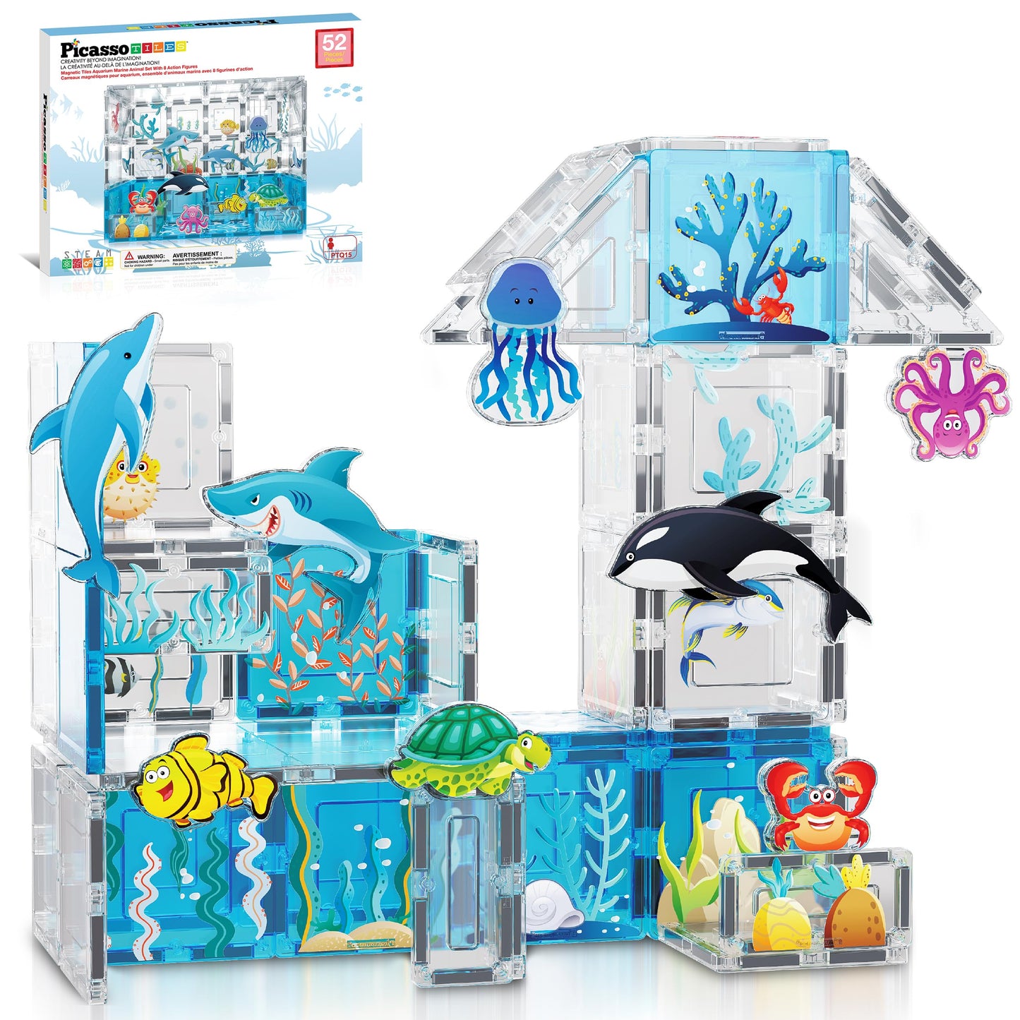 PicassoTiles Magnet Tiles Magnetic Building Blocks Aquarium Marine Animal Theme Set with 8 Character Action Figures Shark Crab Turtle STEM Toys Construction Preschool Toddlers Kids Boys Girls 3+ PTQ15