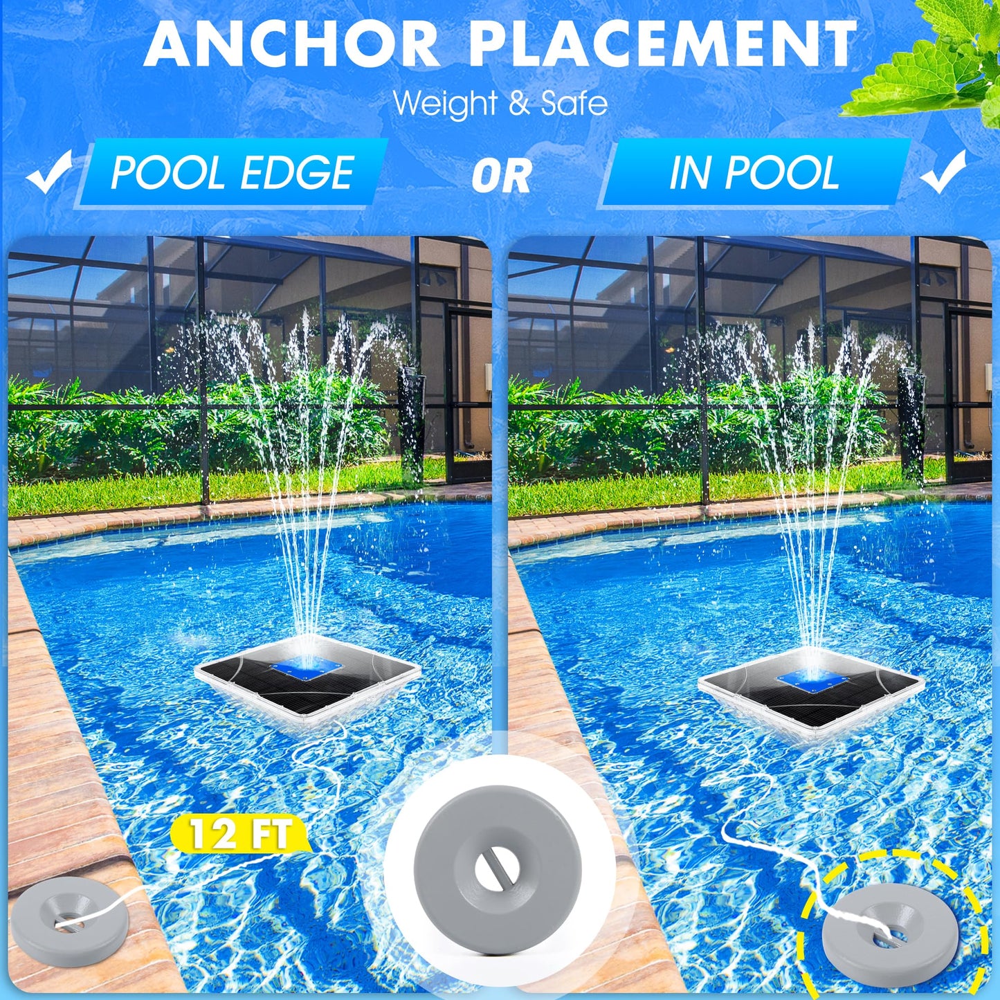 ChlorStar Upgraded Solar Fountain with Light Show,Large Solar Pool Fountain with Anchor,Square Floating Pool Fountains for Inground Above Ground Pool,Solar Water Fountains Pump for Pool-Dark Blue,1PC