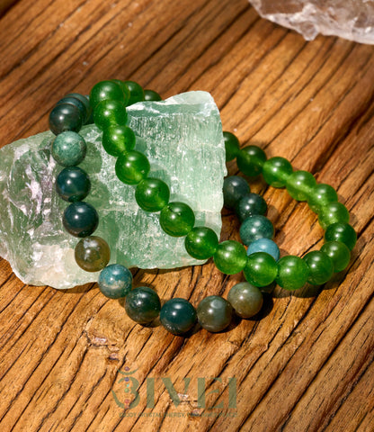 Bivei Natural Gemstone Semi Precious Crystals Handmade Stretchy Round Beads Bracelet, Enhance Positive Energy,Stocking Stuffers for Women(Moss Agate & Green Jade (Wisdom) Medium)
