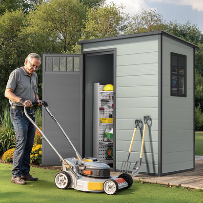 DWVO 5x3FT Outdoor Storage Shed with Fence-Style and Side Windows, Floor & Lockable Doors, Plastic Storage Shed, Storage Shed for Backyard and Garden, Blue-Gray