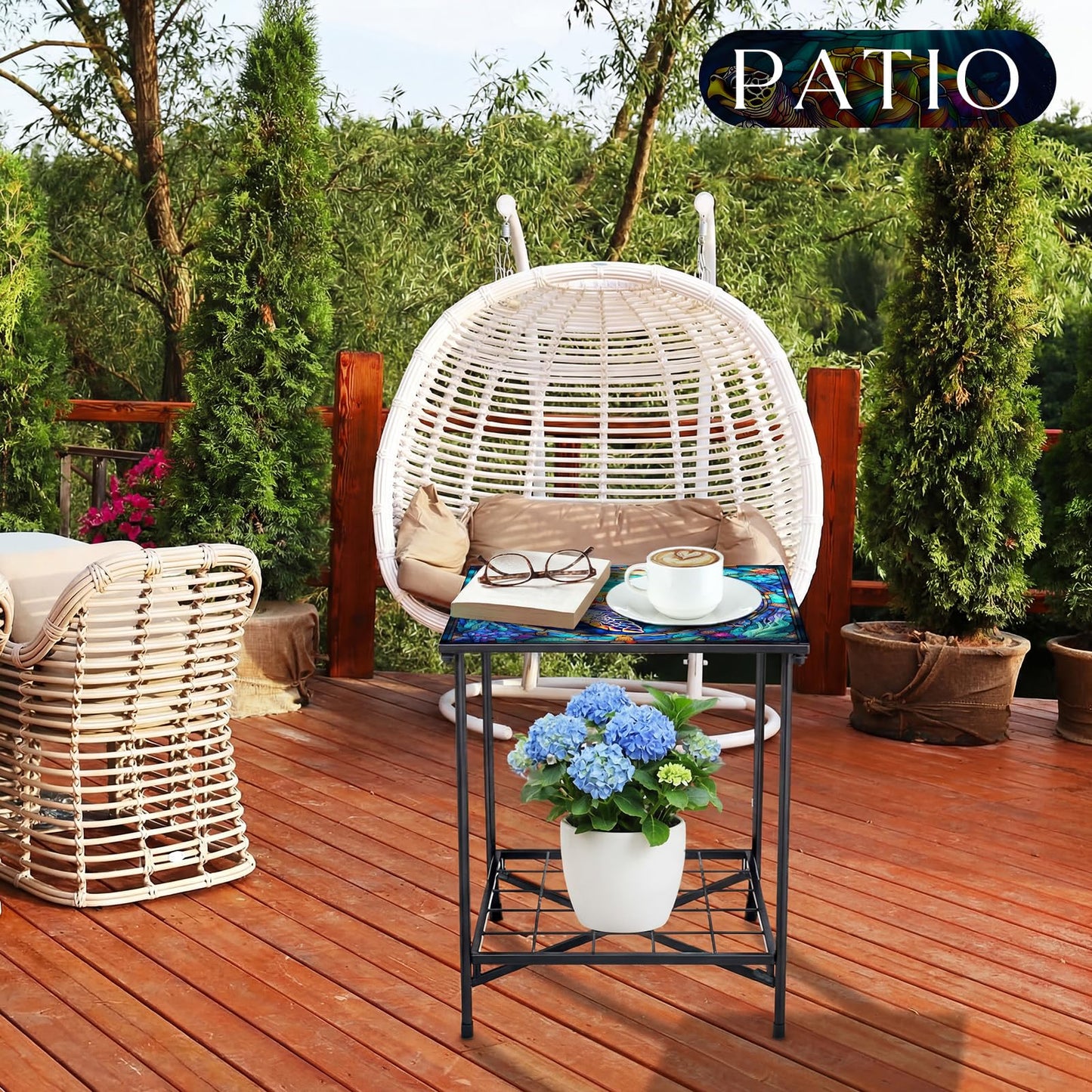 Cinnvoice Outdoor Side Table 2-Tier Storage Square Small Mosaic Patio Accent Indoor End Plant Coffee Tea Table for Yard Patio Porch Garden Living Room, Bedroom(Turtle Style)