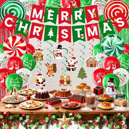 Christmas Party Supplies Decorations Set, Merry Christmas Banner, Foil Balloons, Hanging Swirls, Red and Green Metallic Fringe Curtains, Circle Dots Garland