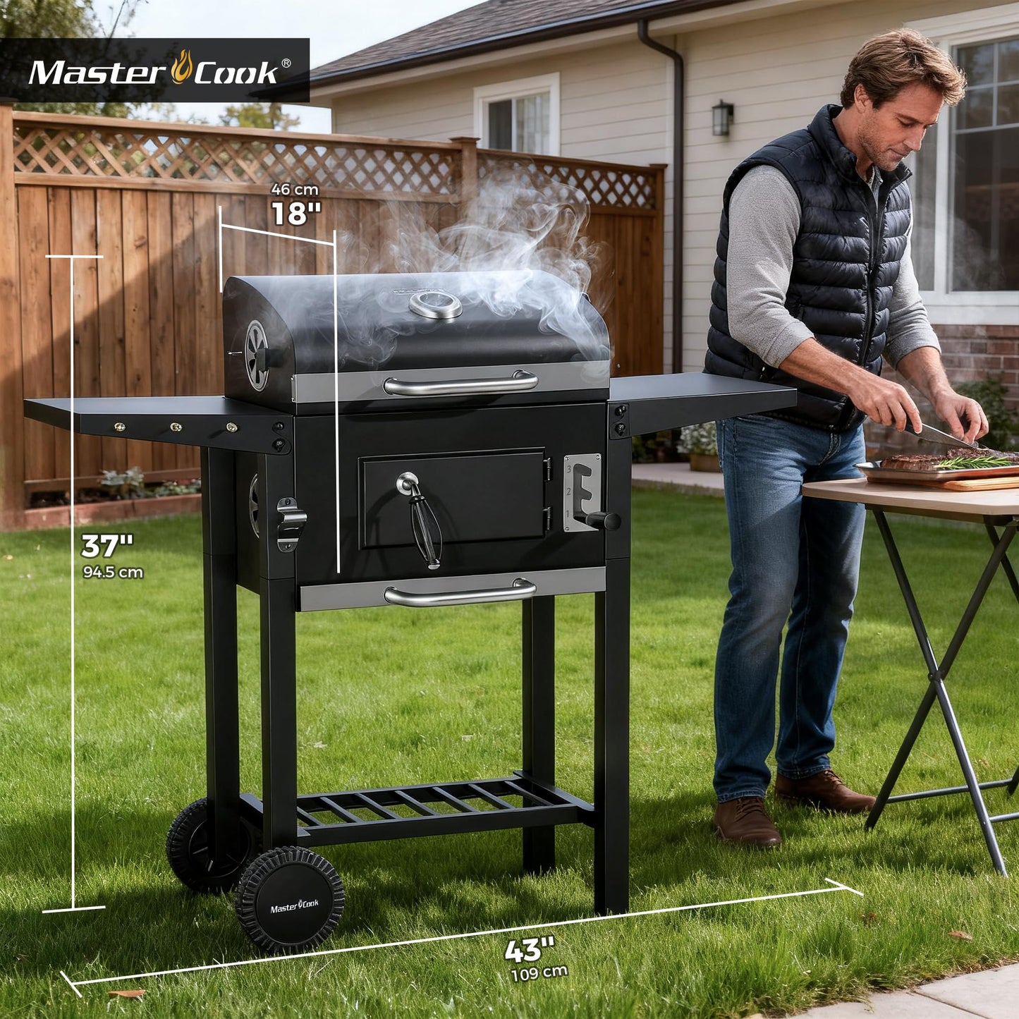 MASTER COOK Charcoal Grills with Two Foldable Side Tables, 353 Sq.In Cooking Area Outdoor Smoke Barbecue bbq Grill for Camping, Backyard Party, Patio, Picnic, Garden, Black,18"D x 43"W x 37"H