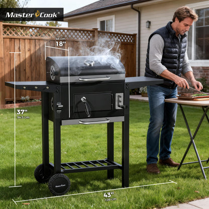 MASTER COOK Charcoal Grills with Two Foldable Side Tables, 353 Sq.In Cooking Area Outdoor Smoke Barbecue bbq Grill for Camping, Backyard Party, Patio, Picnic, Garden, Black,18"D x 43"W x 37"H