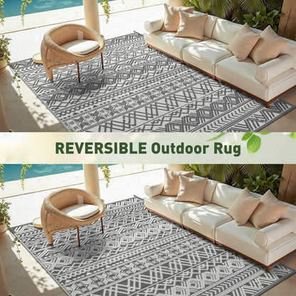 MontVoo Outdoor Rug 8x10 Waterproof Outdoor Patio Rug Mat Reverisble Plastic Straw Outdoor Rug for RV Camping Picnic Beach Balcony Boho Grey