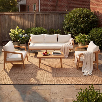 Christopher Knight Home Sures 5-Seater Patio Furniture Set with Removable Cushion, 4 Piece Outdoor Acacia Wood Conversation Set, Sold Wood Outdoor Sectional Sofa Set with Coffee Table, Natural+Beige
