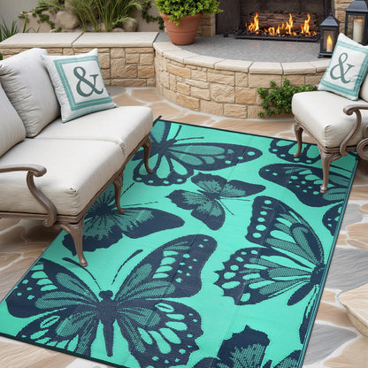 Uphome Outdoor Rug Waterproof 6x9 ft, Patio Plastic Straw Rugs for RV Camping, Reversible Butterfly Mat Outside, Indoor Outdoor Floor Carpet for Back Yard Deck Balcony Porch Beach Picnic, Teal