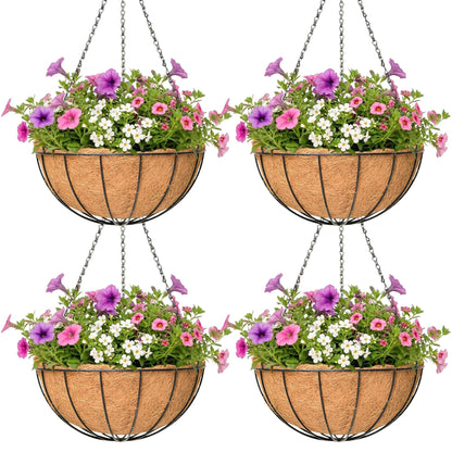 4 Pack Hanging Planter for Outdoor Plants 16 inch Metal Hanging Flower Basket with Coco Coir Liner Round Wire Plant Holder Chain Flower Pots Outdoor Garden Decoration Watering Hanging Baskets(XG)