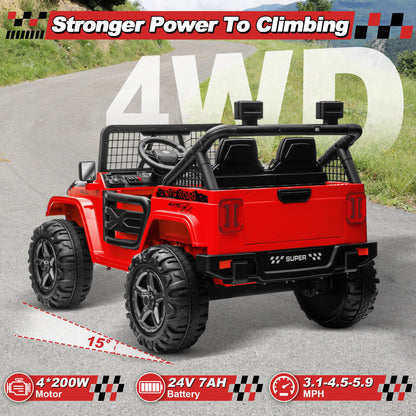 ANRLI 24V XL Ride on Car with Remote Control, 2 Seater 4WD/2WD Switchable Electric Car for Kids w/20 Inch Wide Seat, Gift Flower, 4X200W Power Car Wheels 24 Volt Big Trucks for Boys Girls, Red