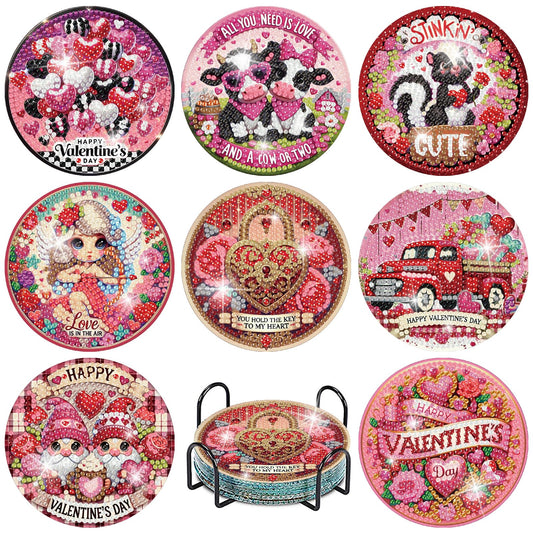 NEGEKFKX 8 Pcs Valentine's Day Diamond Art Painting Coasters Kits, Coaster with Holder for Adults, Non-Slip DIY Dot Paint Craft Kits,5D Full Drill DIY Diamond Dot Gem Art Kit Home Decor Arts Craft