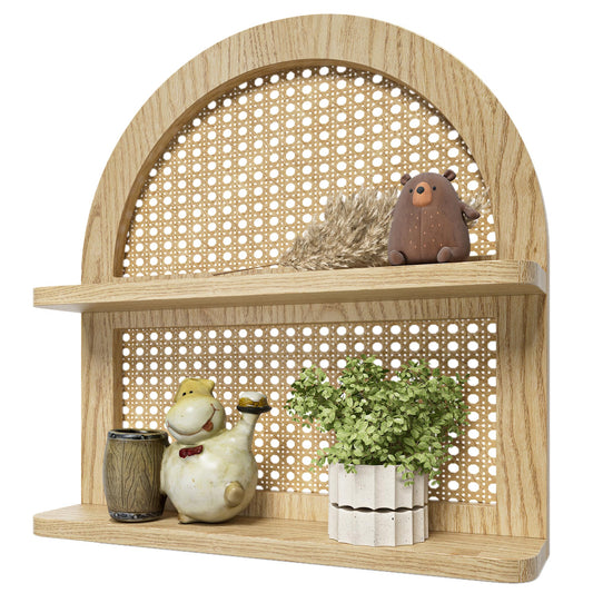 LUDORU Wood Boho Rattan Wall Shelf - 2-Tier Arched Wicker Floating Shelf Natural Wood New Boho Shelf, Rustic Farmhouse Nursery Decor Shelves Wall Mounted, Neutral Handcrafted (16''l Natural Color)