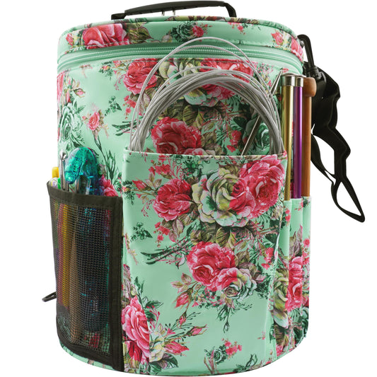 WAZAIGUR Green Flowers Pattern Large Capacity Multifunctional Crocheting Knitting Project Bag Strong Yarn Storage Organizer Bag Tote Travel Crochet Needles Bag