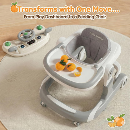 3-in-1 Foldable Baby Walker - Music Car-Themed Walker with Wheels and Bouncing Foot Mat, Push-Behind Walker, Baby Walker with Sheds Design for Outdoor, for Infant Boys & Girls 6-18 Months (Grey)