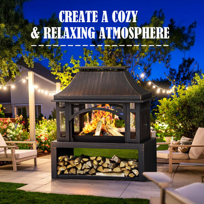 39" Fire Pits with Wood Storage for Outside, Large Wood Burning Outdoor Fireplace with Chimney, Mesh Spark Screen & Fire Poker, Idea for Backyard, Patio, Party, Camping, Picnic
