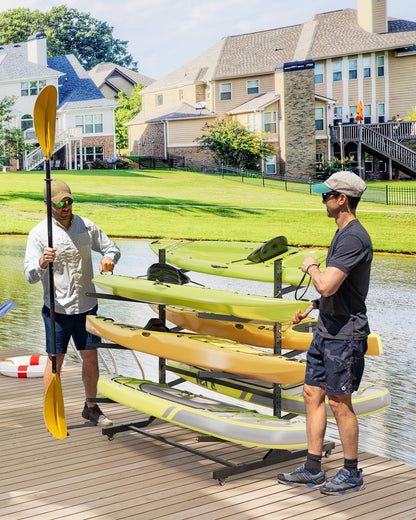 GarveeLife Kayak Storage Rack for 6 Kayaks Freestanding Kayak Rack for Outdoor Storage with Movable Wheels, Heavy-Duty Steel Kayak Hanger Holder with Hanging Straps