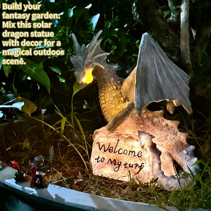 Jy.Cozy Garden Large Dragon Statue Solar Powered Outdoor Figurine Light The Dragonfire Welcome to My Turf Sign Big Resin Sculpture Home Decoration Housewarming Ornament Unique Gift