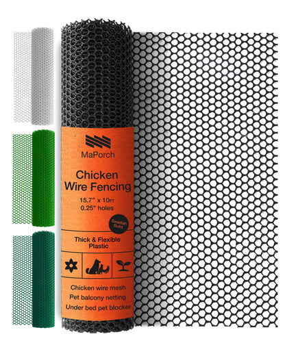 Maporch Plastic Chicken Wire Fencing for Pet Protection - 15.7" x 10ft, Black HDPE Mesh - Garden Fence Animal Barrier for Dogs, Cats and Rabbits (1-Pack)