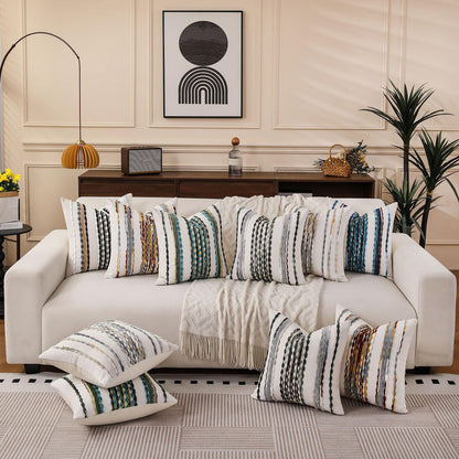 KOOLIFE Boho Striped Throw Pillow Covers 18x18 Inch Set of 2 Farmhouse Square Decorative Pillow Covers Chenille Tufted Accent Neutral Pillowcase Green Cushion Cover for Living Room Couch Sofa Bed