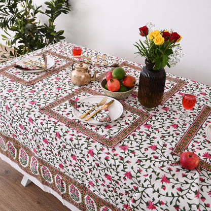 DecorAvenue Hand Block Printed Cotton Tablecloth Elegant Floral Design Soft & Durable Perfect for Dining Table Kitchen Parties Home Decor (Rosy Elegance, 6 Seater 60 x 90 Inches Rectangle)