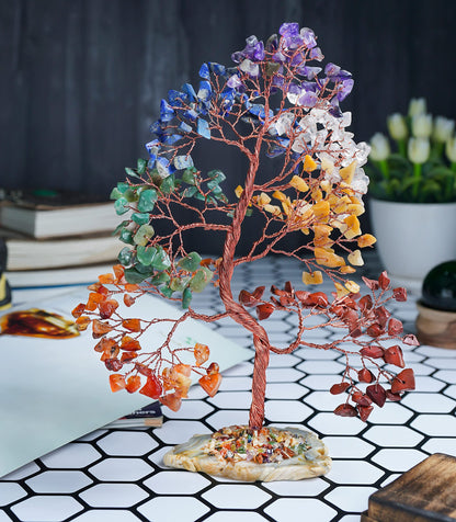 Crocon® 7 Chakra Tree of Life Spiritual Wisdom, Agate Slice Base, Handmade Crystal Tree for Positive Energy, Creativity, Seven Chakra Healing Stone, Attract Good Luck & Charm, Feng Shui Decor, Gifts