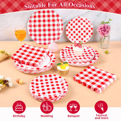 200Pcs Christmas Red Gingham Party Supplies Red Gingham Paper Plates and Napkins Cups Plaid Party Plates Disposable Reds and White Checkered Plates for Christmas Birthday Family Picnic，Serves 50