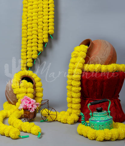 Marubhumi 5 PC - 5 feet Artificial Marigold Flower Garland – Long Strands for Diwali, Wedding & Festive Decoration – Traditional Indian Home Decor