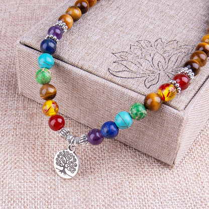 Addmluck 108 Mala Beads Necklace 7 Chakra Tree of Life Pendant Prayer Buddha Bracelets Healing Stone Yoga Men Women Jewelry(7 chakra tiger eye)