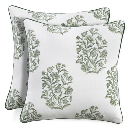 CPC Sage Green Block Print Throw Cushion Cover 20 x 20 Inch Set 2 - Decorative Boho Floral Pillow Case for Living Room, Bed, Sofa, Couch, Home Decor Cushion Cover Gift for Spring, Mother's Day
