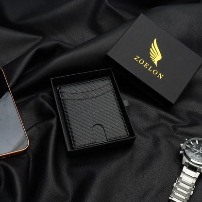 ZOELON Slim RFID Wallet for Men – Front Pocket Bifold with Money Clip & ID Window, Carbon Fiber Look, Gift Box