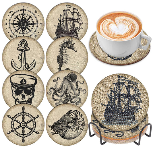 8 Pcs Diamond Art Painting Coasters with Holder, DIY Vintage Ocean Diamond Art Coasters for Adults Beginners 5D Gem Art Dots Paintings with Cork Pads Crafts Supplies