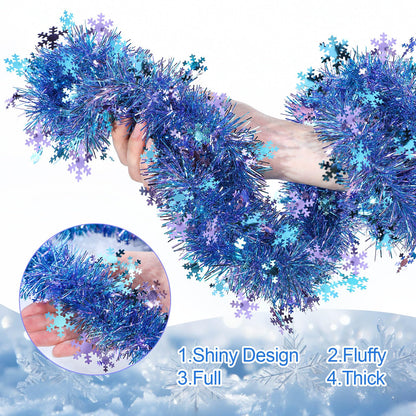 Blosssound 26 Feet Blue Purple Snowflakes Tinsel Garland Glitter Metallic Tinsel Twist Banner Shiny Iridescent Garland for Indoor Outdoor Ceiling Wall Christmas Tree Birthday Party Decorations