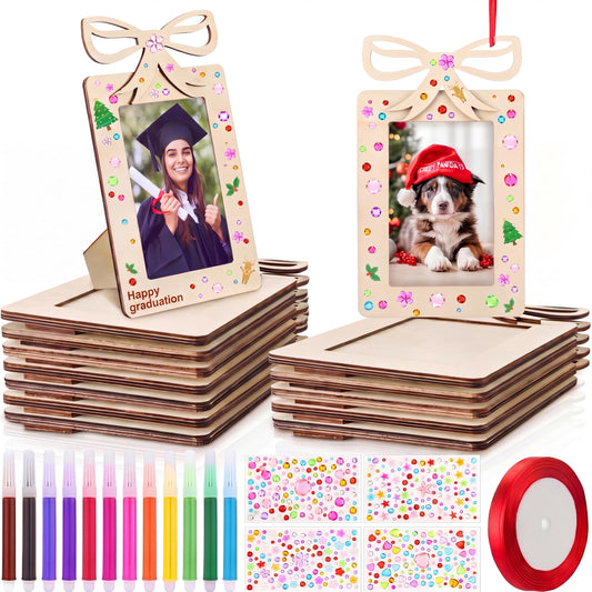 Chunful 12 pcs Valentine Bow Picture Frame Painting Craft Kit for 4" x 6" Wooden DIY Photo Frame with 12 Painting Color Pen 4 Crystal Diamond Stickers, 1 Ribbon for DIY Craft Valentine Party Decor