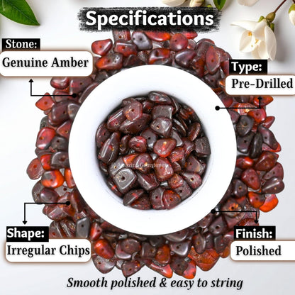 Amazing Gemstone Pre Drilled Natural Crystals Crushed Chips Beads for Jewelry Making, DIY Handmade Healing Crystals (25 Inch Strand, Amber)