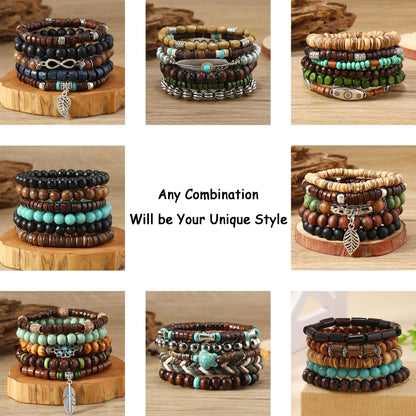 SONNYX 43Pcs Punk Wooden Beads Bracelets Gothic Bracelet for Men Adjustable Vintage Beaded Bracelet Metal Set Wood Bangles Wristbands Commemorative Gift