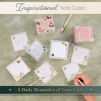 Christian Art Gifts Premium Inspiring Scripture Note Block Cube & Pen Set for Women: He Restores My Soul Encouraging Bible Verse, 750 Paper Sheets, Home & Office, White/Pink/Green Multicolor Florals