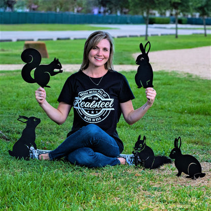 RealSteel Metal Garden Animal Sculptures & Statues – Bunny & Squirrel Yard Art Stake Pack – Outdoor Lawn & Flowerbed Decor – Weather-Resistant Steel Garden Decorations – Gift for Gardeners – Black