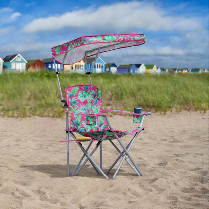 Tommy Bahama Extra-Wide Folding Beach Chair with Max Shade Canopy, Side Table, and Cup Holders, 25" W Outdoor Portable Camping Chair with Canopy, Supports up to 500 lbs., Pink/Green